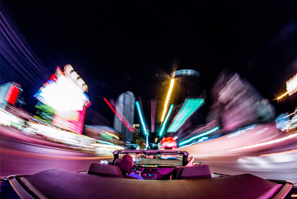Car driving at night in Las Vegas