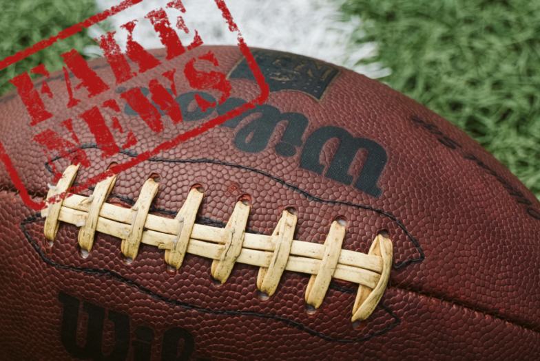 Football photo of a an American foot ball on grass with the words Fake News stamped across the image.