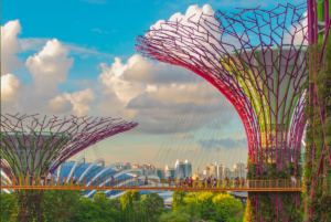 Tourists on footbridge in Singapore's Gardens by the Bay