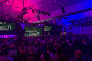 Brett Wiskar delivering a keynote speech on innovation to a large conference