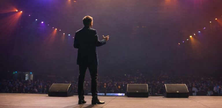 Brett Wiskar on stage delivering adaptability keynote to large conference