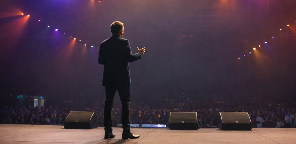 Brett Wiskar on stage delivering adaptability keynote to large conference
