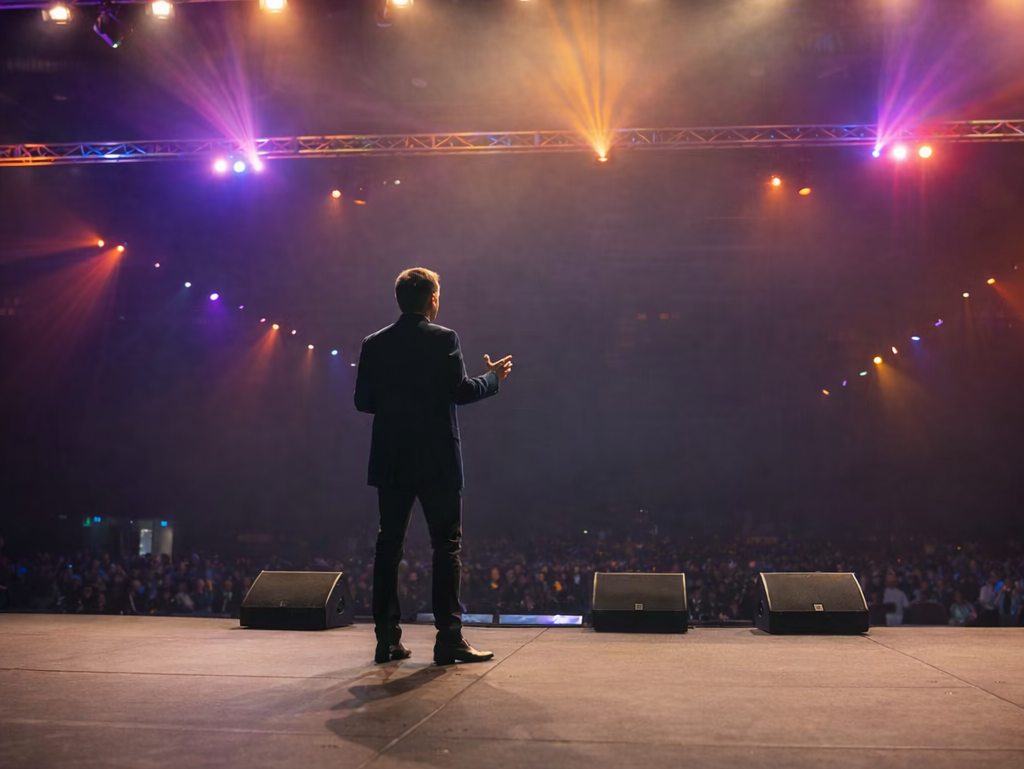 Brett Wiskar presenting keynote speech to large crowd from the stage.